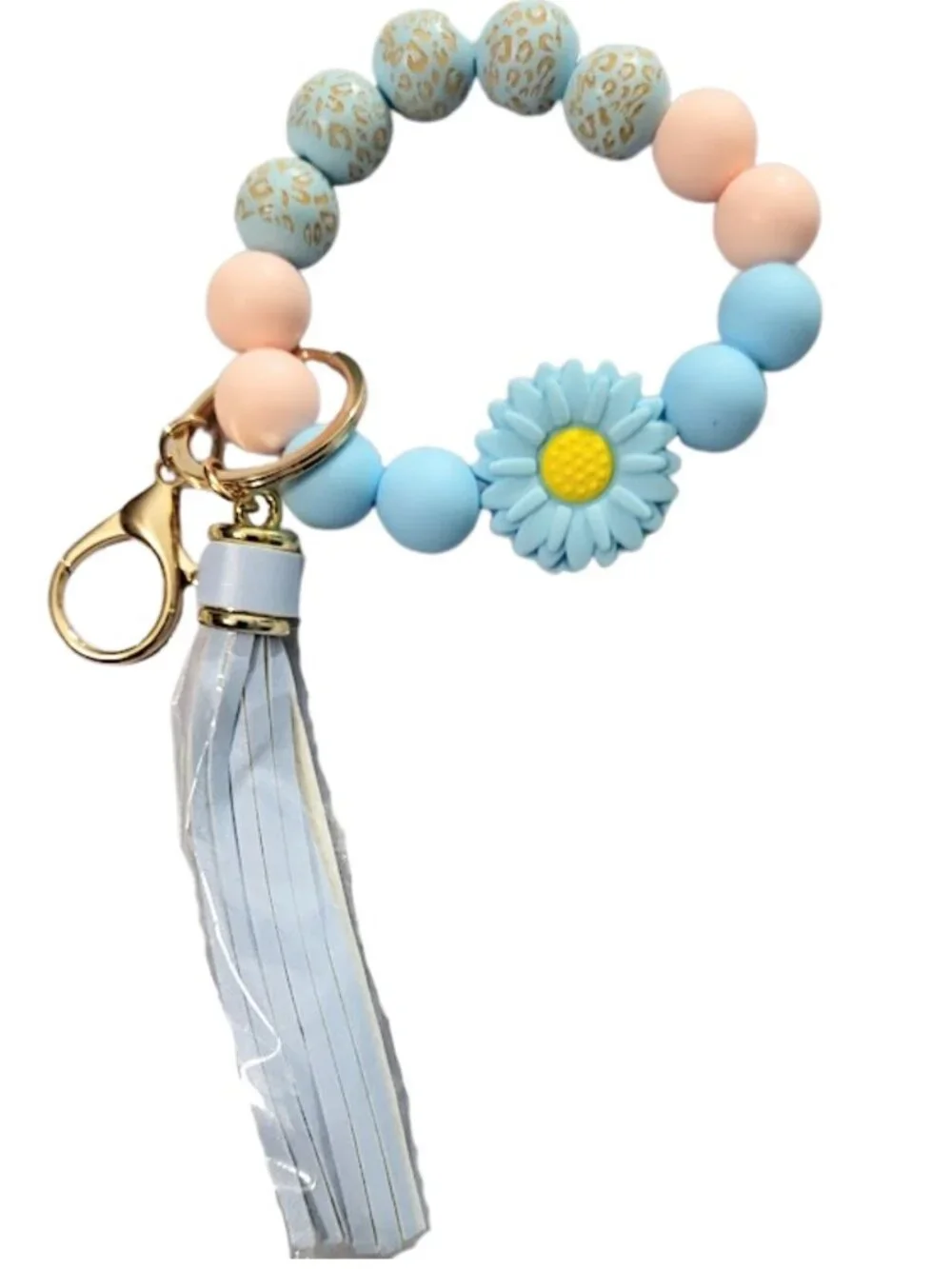 CHIC Blue Daisy Silicone Beaded Wristlet Keychain With Tassel - New In Package
